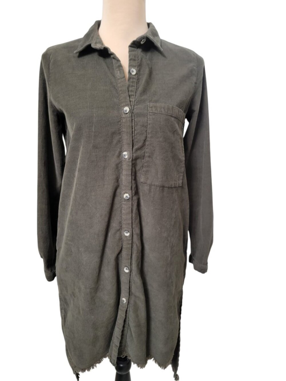 Zara Z1975 Size S Deep Olive Green Corduroy Shirt Dress, Raw / Frayed Hem